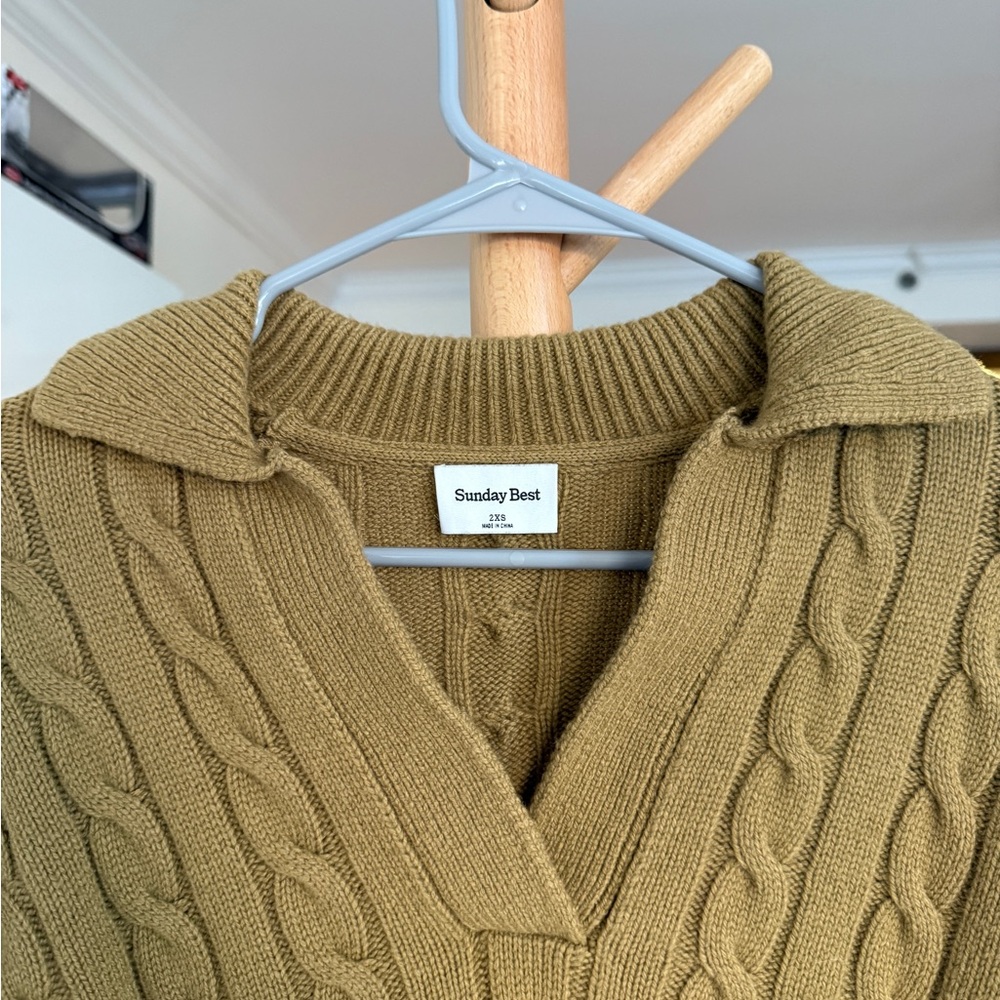 Aritzia Olive V-Neck Cable Knit Sweater